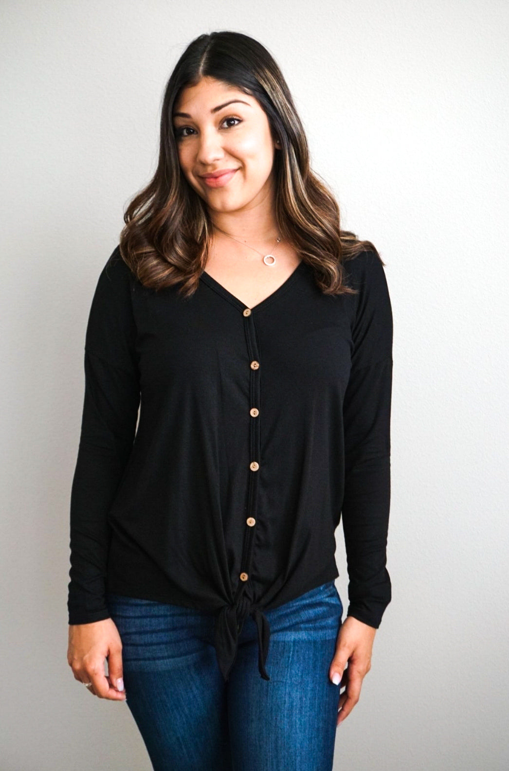 Long Sleeve Button Top Black