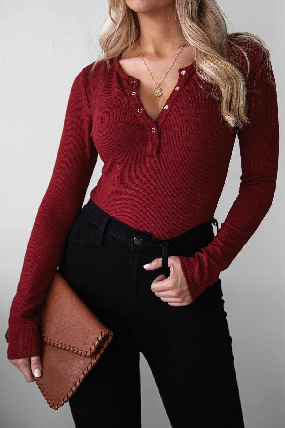Long Sleeve Ribbed Henley Bodysuit (3 Colors)