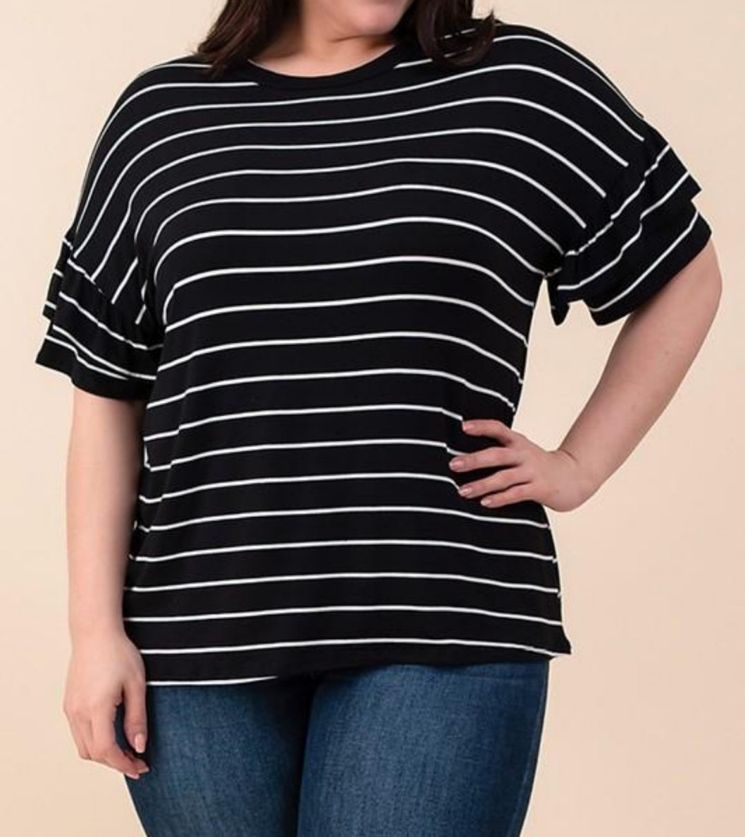 Curvy Black and White Striped Ruffled Top