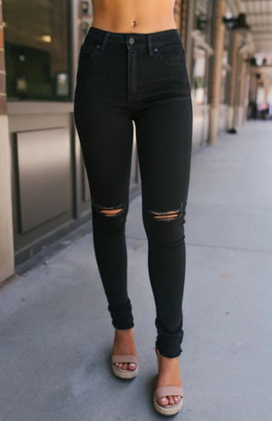 High-Waisted Black Distressed Knee Jeans
