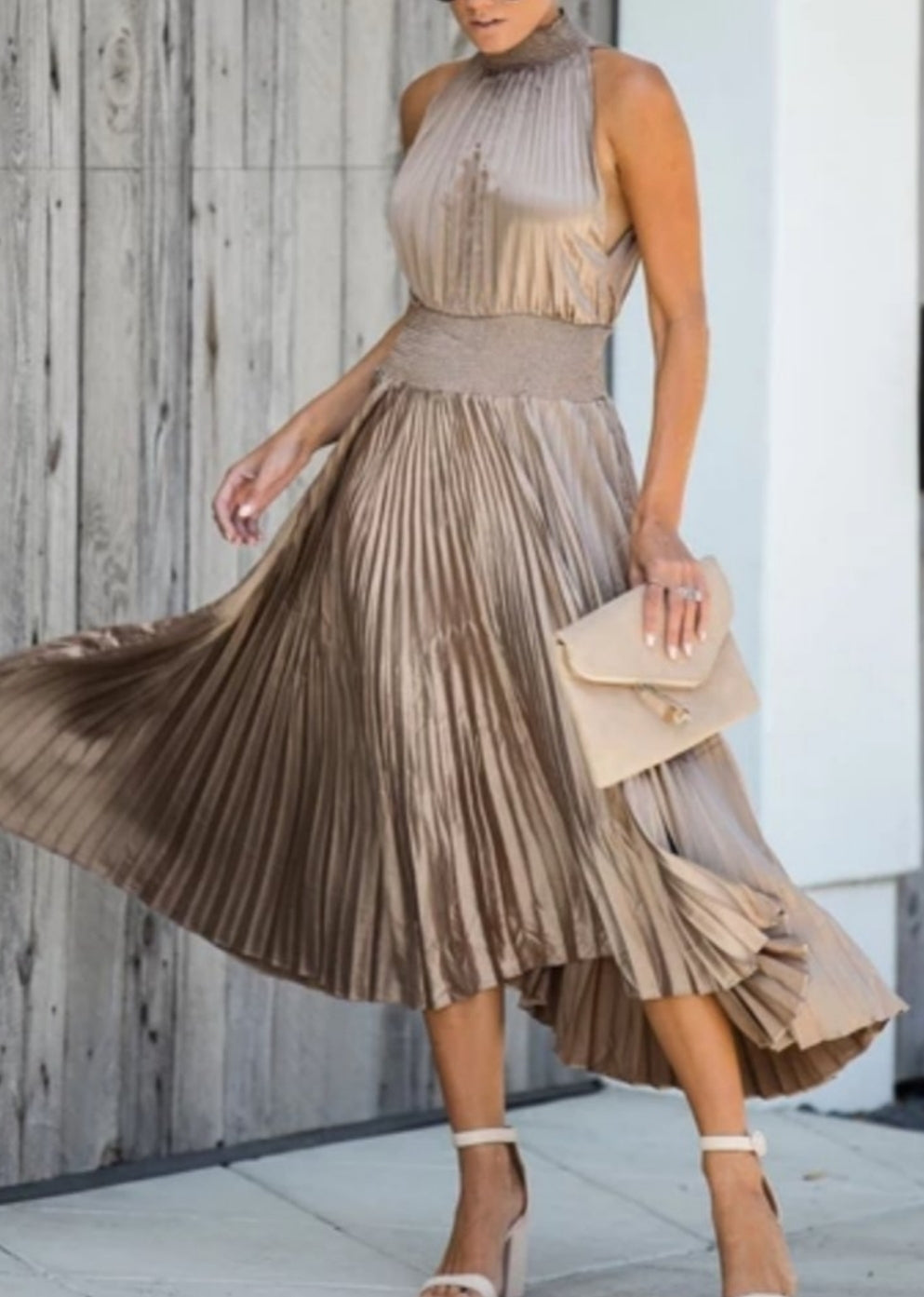 Bronzed  Beauty Pleated Midi Dress