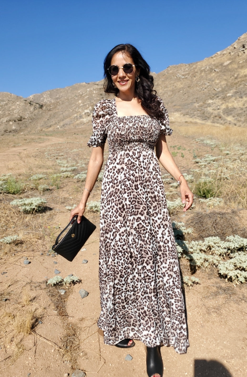 Square Neck Smocked Leopard Maxi Dress