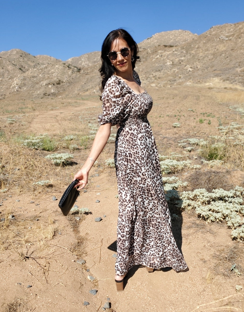 Square Neck Smocked Leopard Maxi Dress