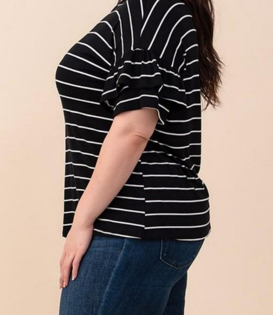 Curvy Black and White Striped Ruffled Top