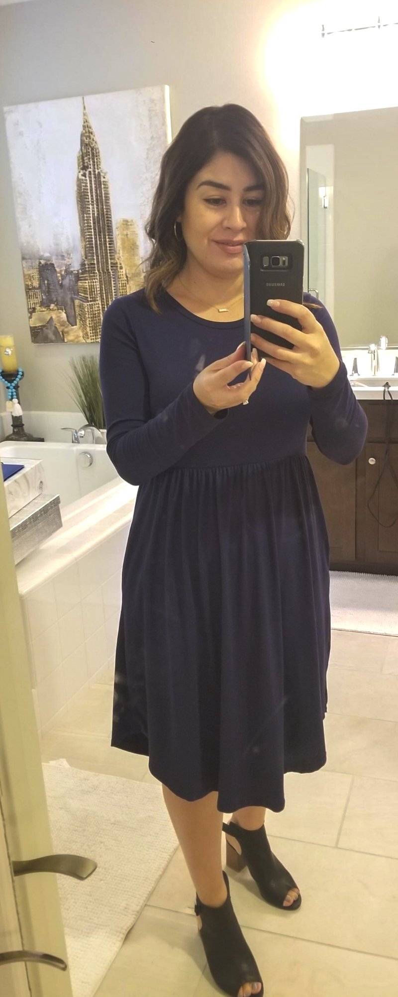 Solid Navy Long Sleeve Dress with POCKETS