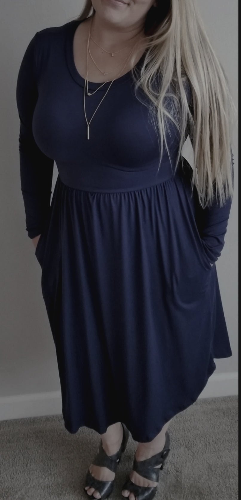 Solid Navy Long Sleeve Dress with POCKETS