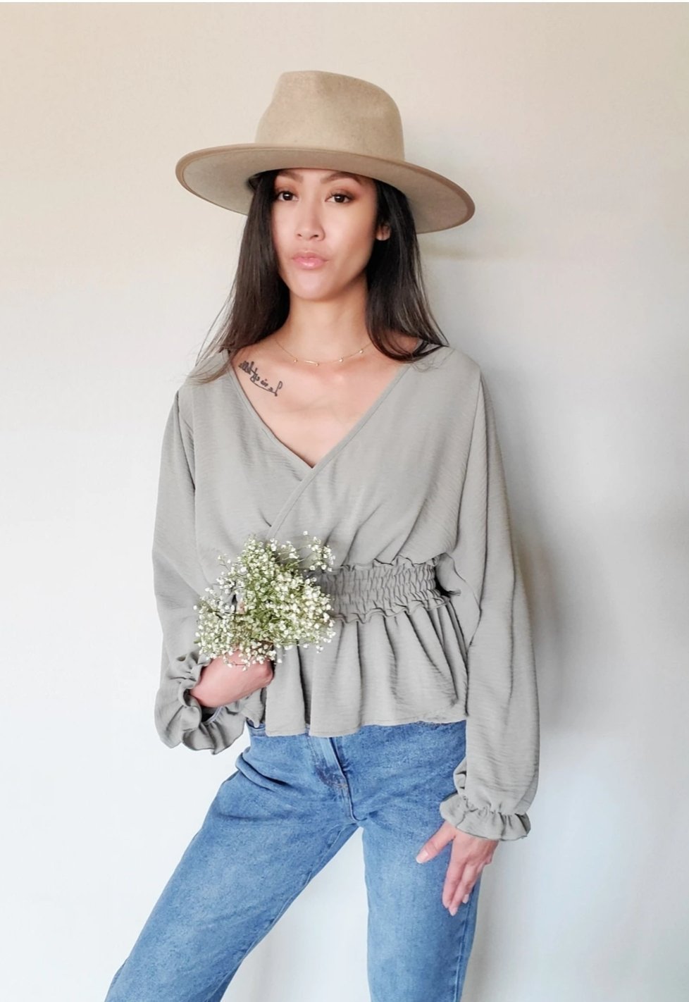 Smocked Waist Olive Long Sleeve Top