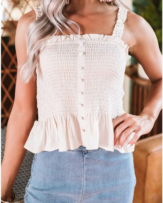 SMOCKED AND FRILLED TANK TOP