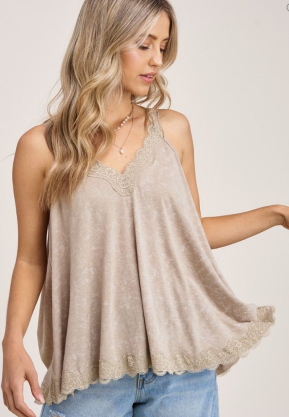 Lace Trim Natali Tank Top-Sand