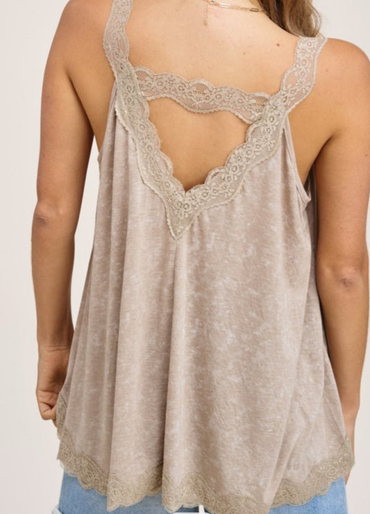 Lace Trim Natali Tank Top-Sand