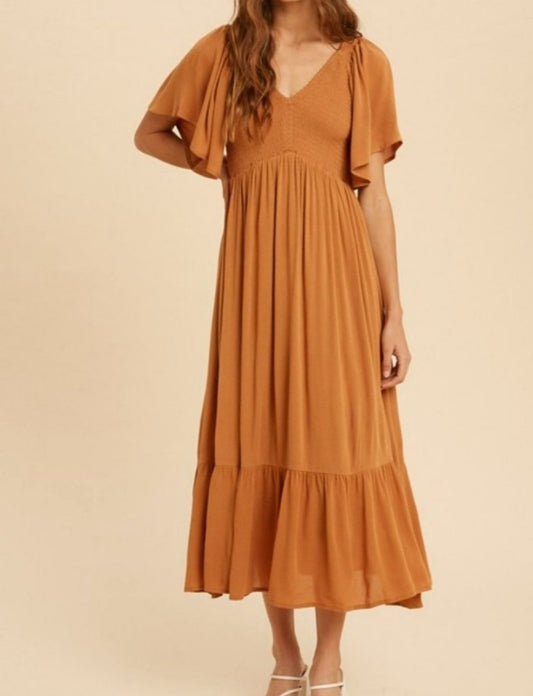 Smocked Flutter Sleeve Midi Dress