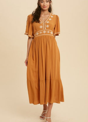 GOLDEN POPPY FLUTTER SLEEVES EMBROIDERED DRESS