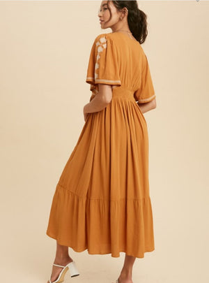 GOLDEN POPPY FLUTTER SLEEVES EMBROIDERED DRESS