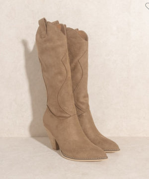 Bohemian Western Pointed Toe Low Heel  Faux Suede Boot-Camel