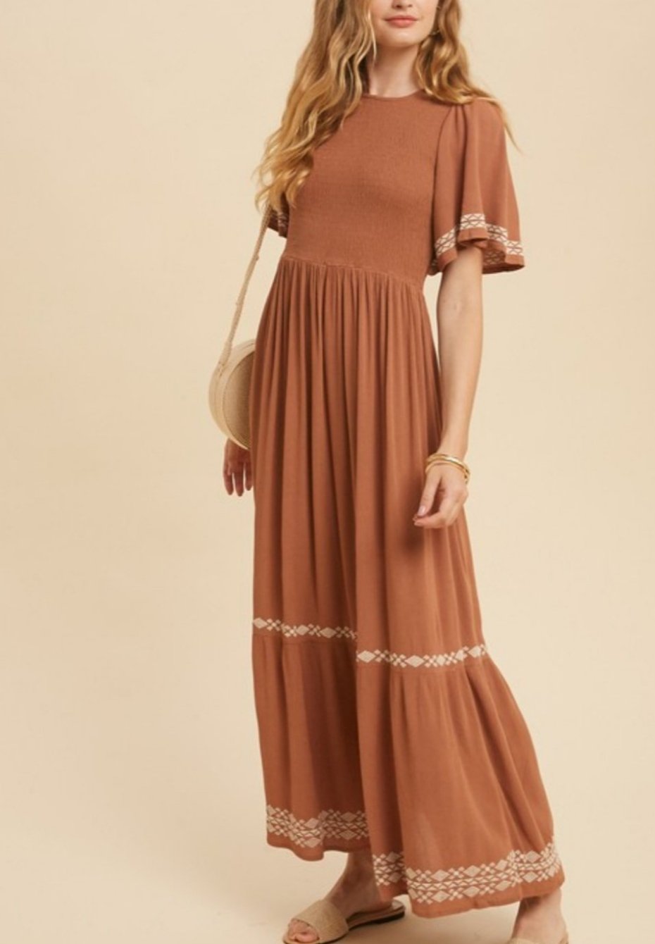 GEOMETRIC EMBROIDERY Smocked Flutter Sleeve Midi Dress Mota Boutique GEOMETRIC EMBROIDERY Smocked Flutter Sleeve Midi Dress Mota Boutique