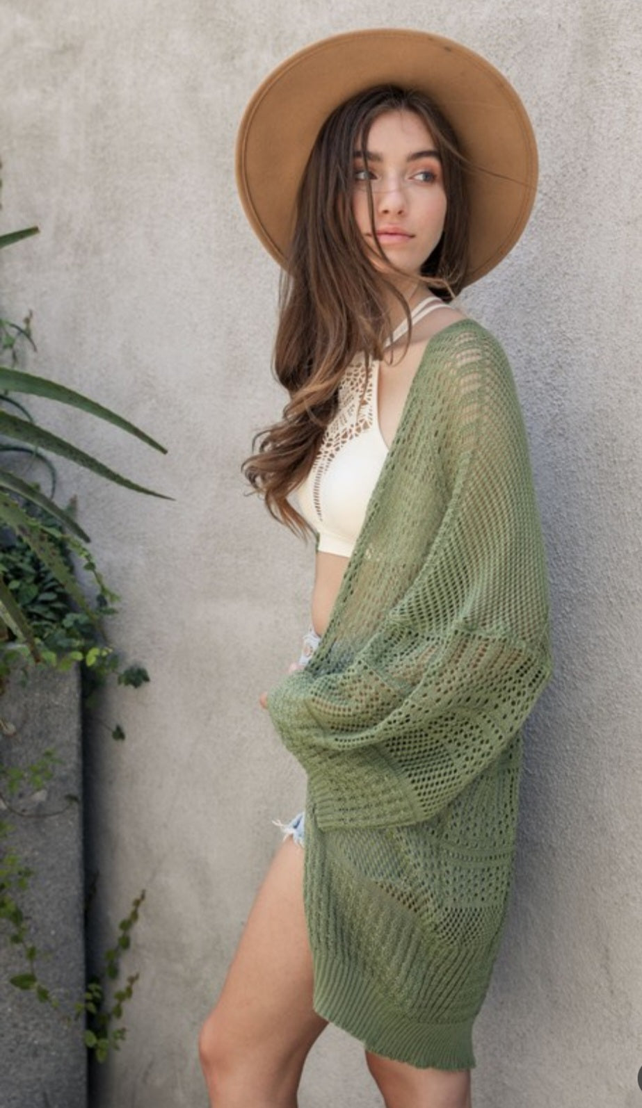 Knit Netted Open Cardigan-Moss